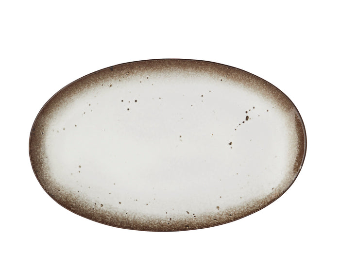 oval stoneware serving dish with off-white speckled glaze and dark rim
