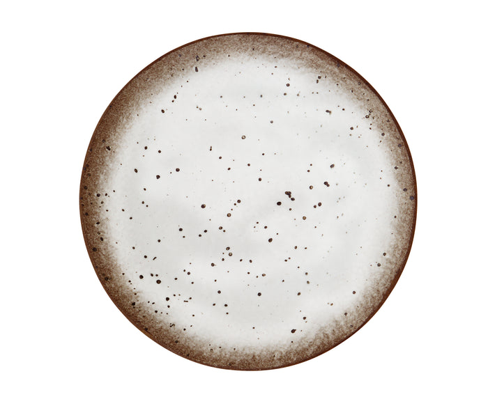 speckled stoneware dinner plate with off-white glaze and brown rim
