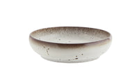 large reactive glaze stoneware serving bowl in white and brown
