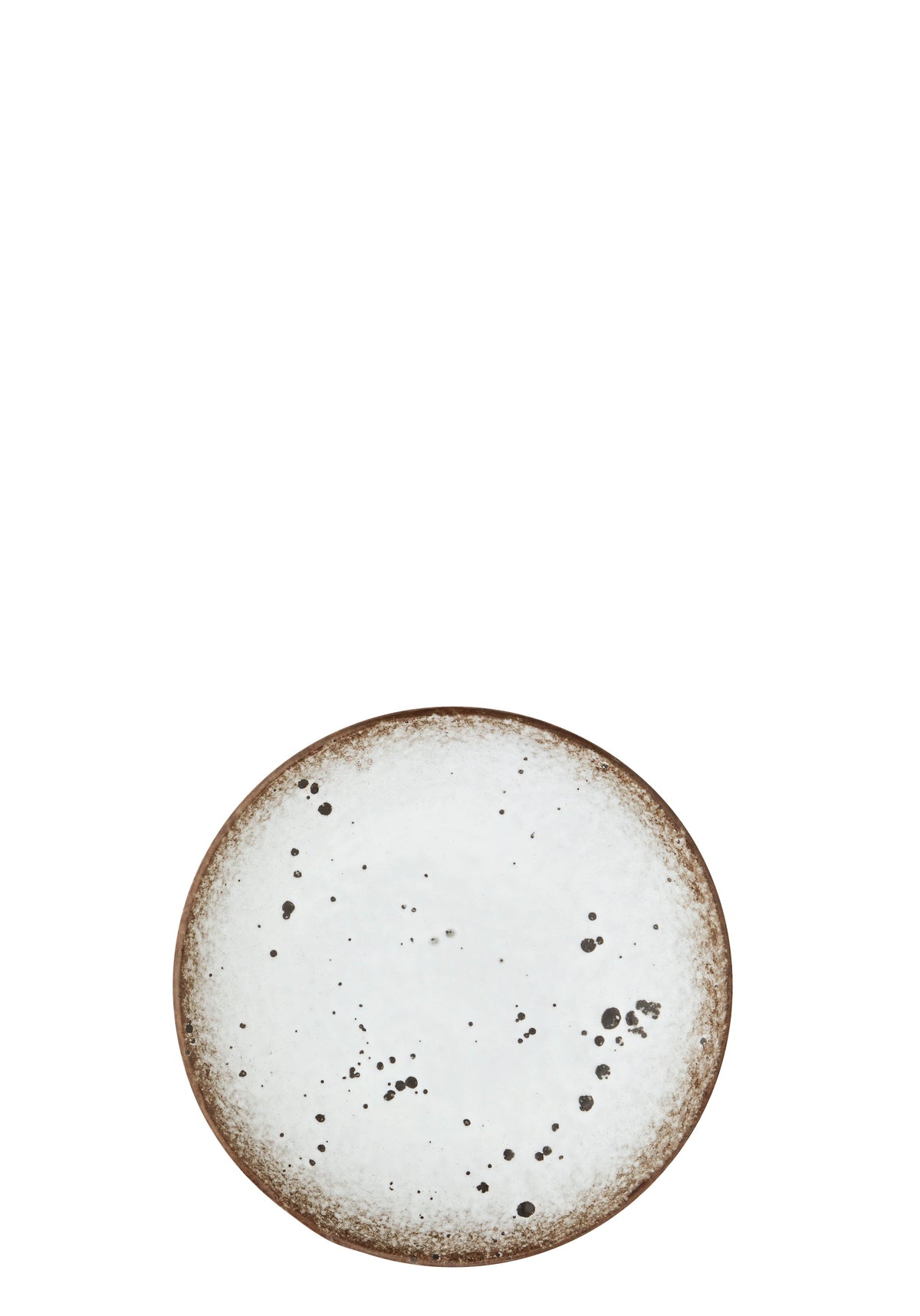 speckled stoneware cake plate with off-white glaze and brown detailing
