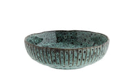  petrol green stoneware serving bowl with reactive glaze and ribbed detailing

