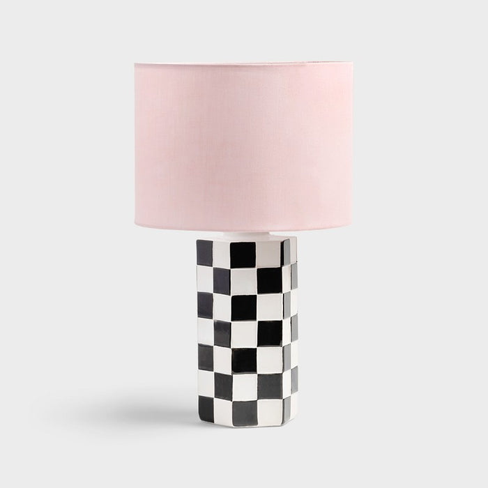 &klevering black and white check lamp with soft pink cotton lampshade
