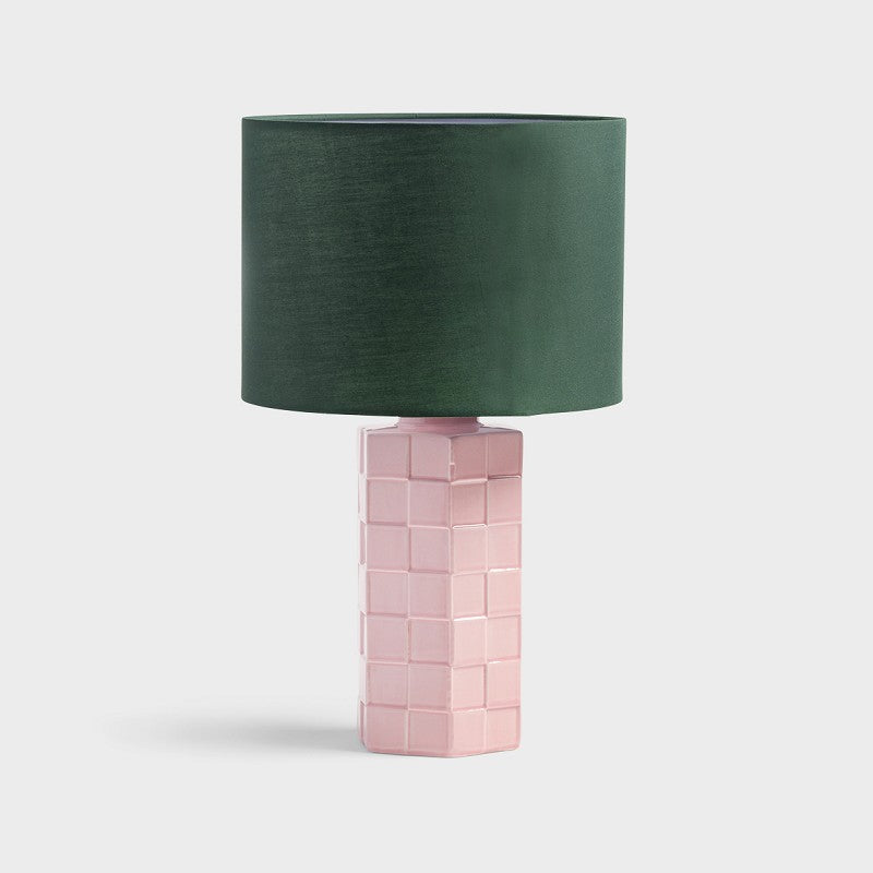 pink check table lamp with stoneware base and green fabric shade by &k Amsterdam
