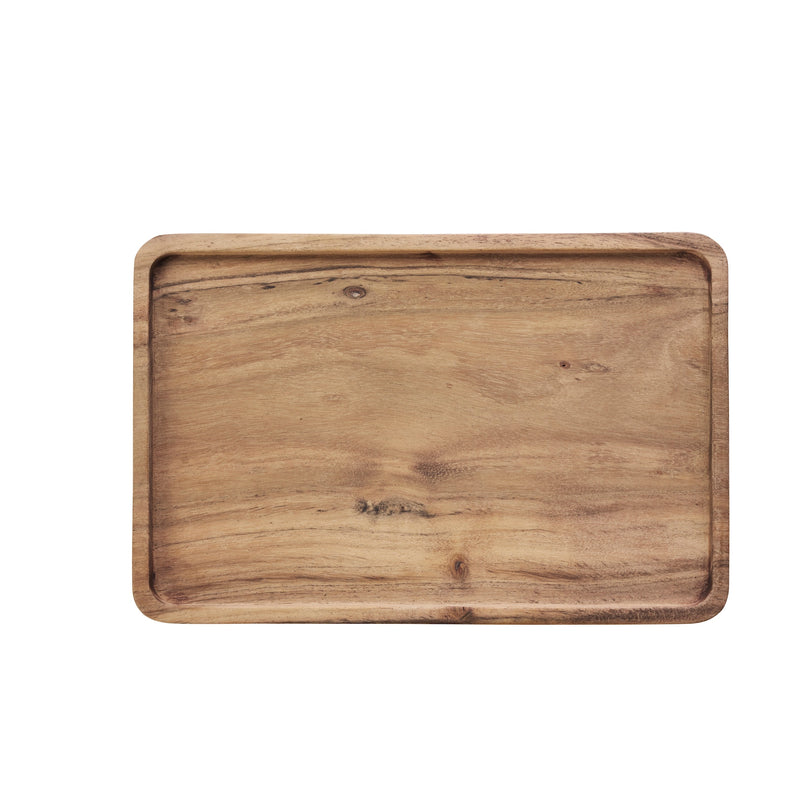 acacia wooden tray top view showing natural grain and raised edge for serving or organising