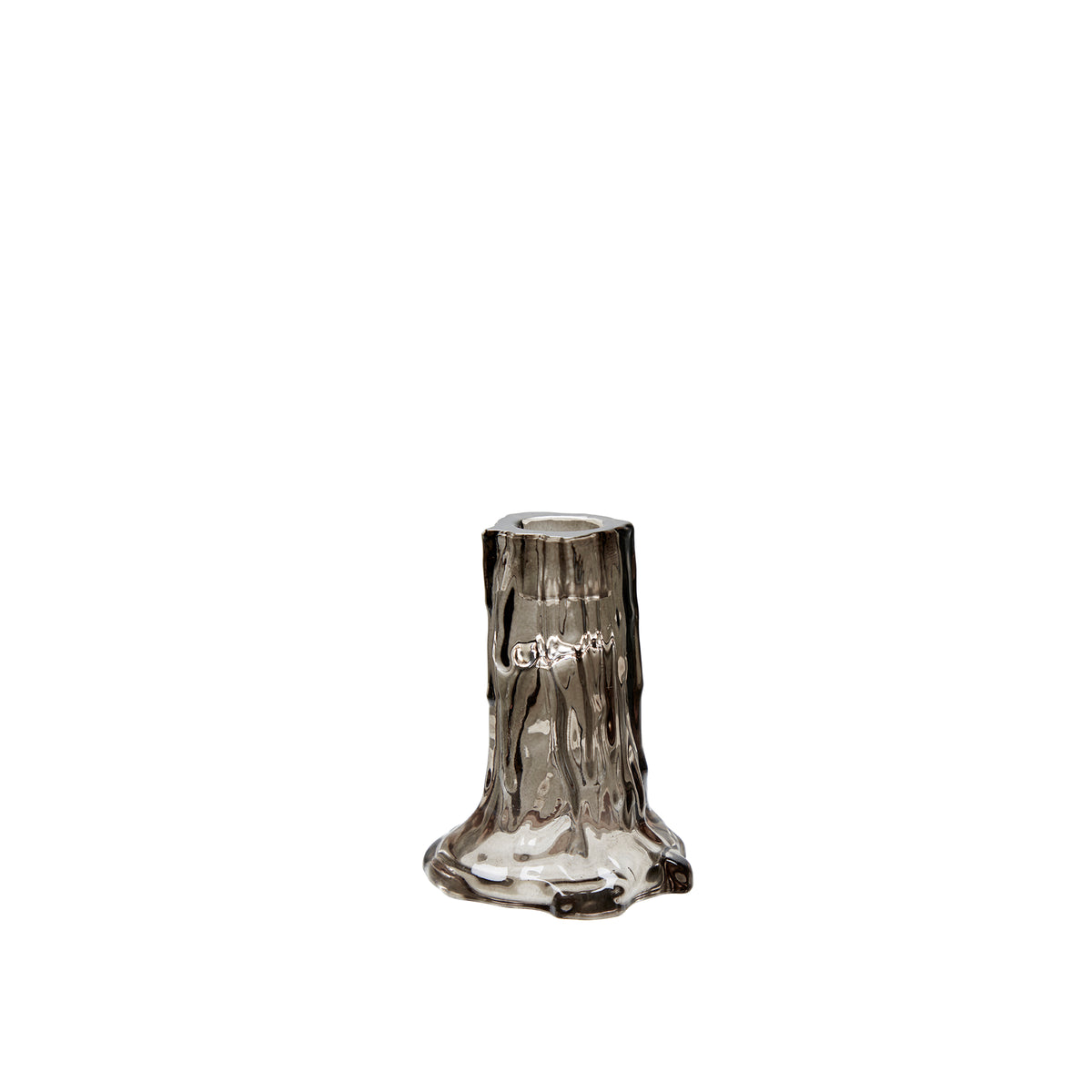 Chelsi candle holder in smoked glass with textured tree-root base