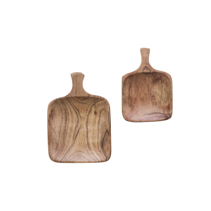 set of two small acacia wooden trays with natural grain, mini serving boards
