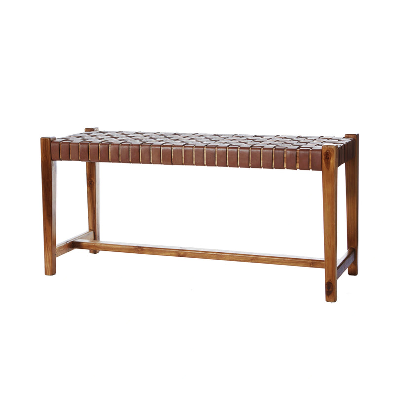 Leather and Teak Porto Bench, Cognac, Handmade 118cm