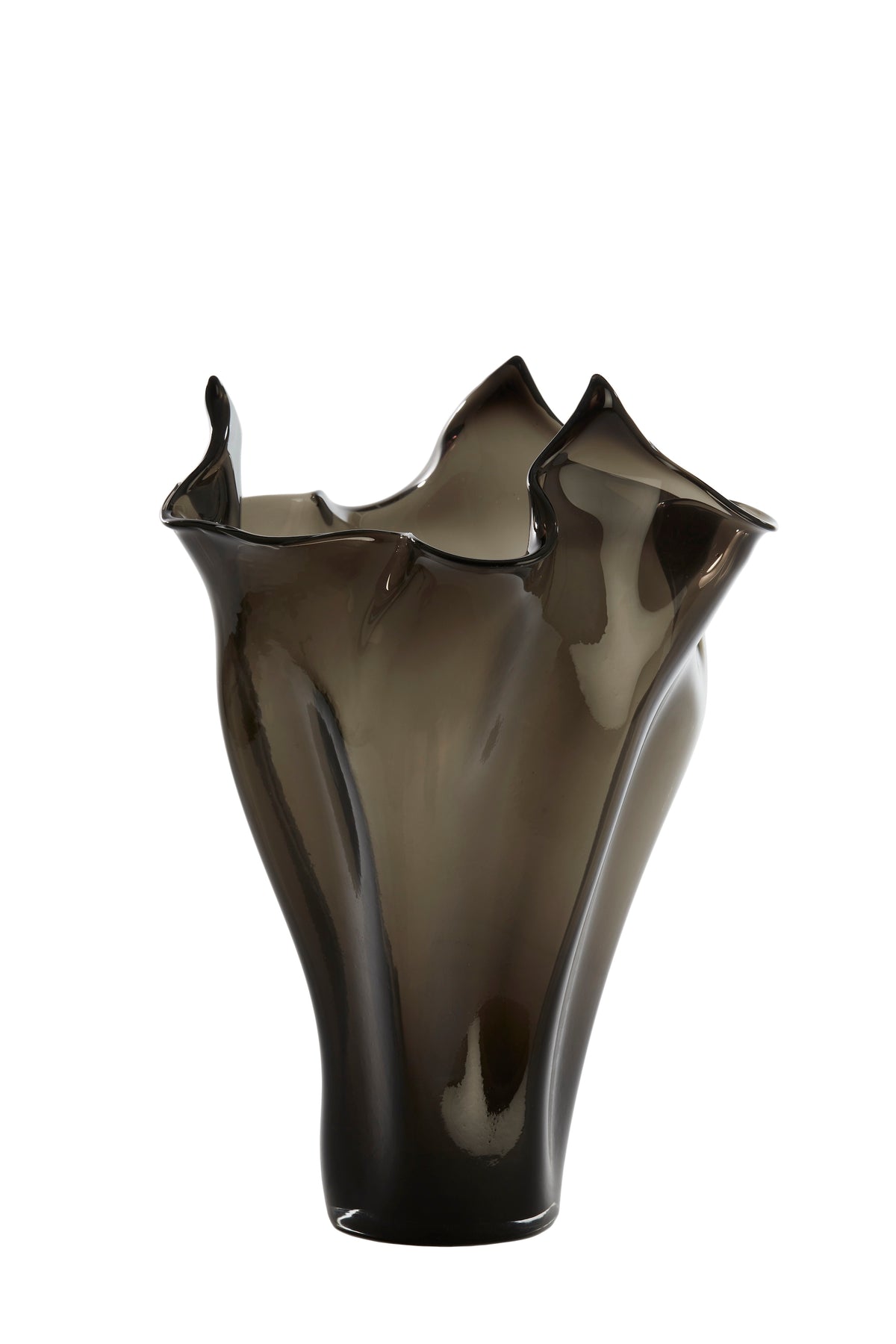side angle showing flowing sculptural form of aiora dark grey glass vase
