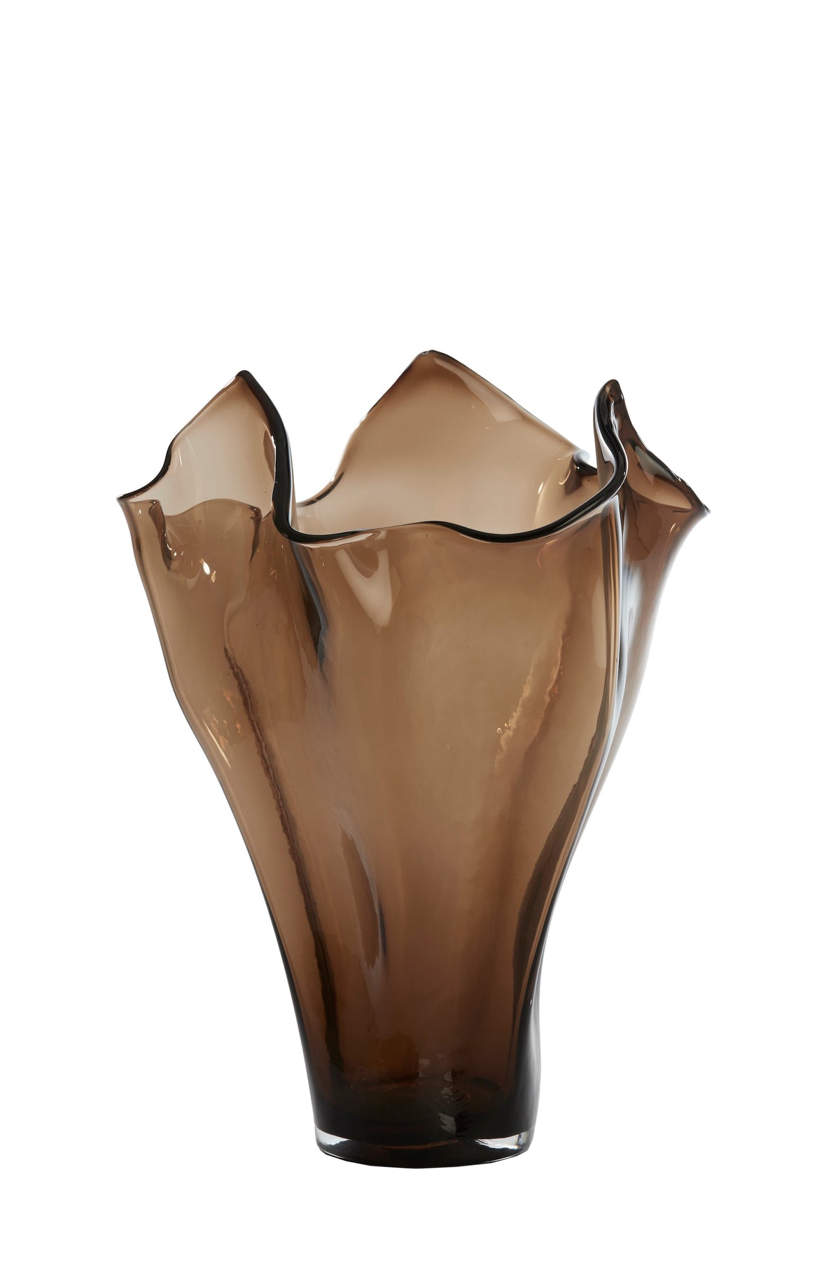 large sculptural dark brown glass vase with organic folded rim by Light & Living
