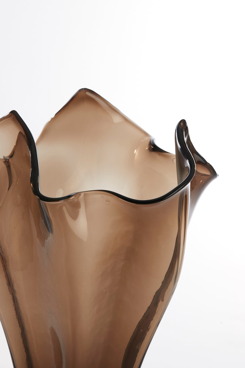 close-up of organic wavy rim on dark brown Aiora glass vase