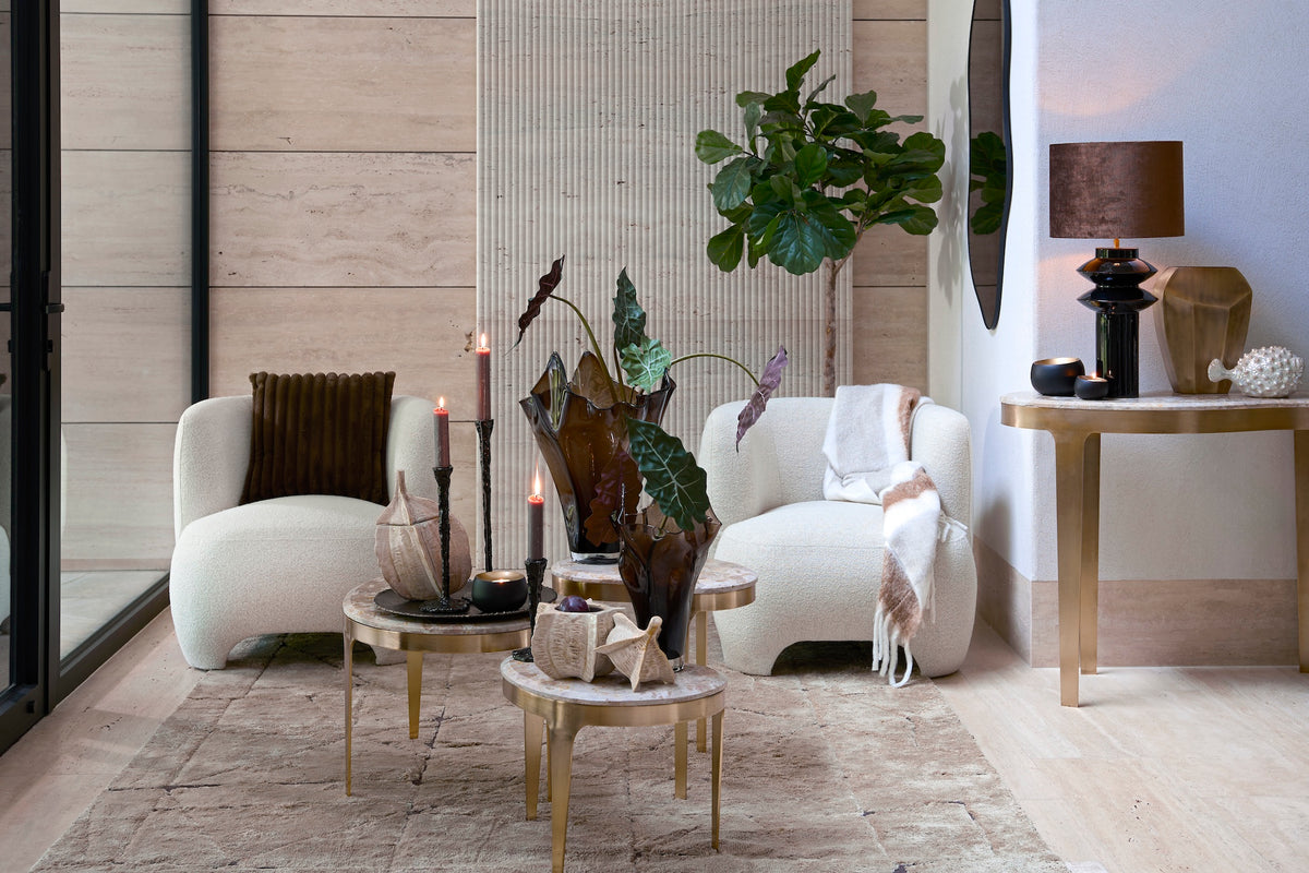 Aiora dark brown glass vase styled in modern living room with layered neutrals