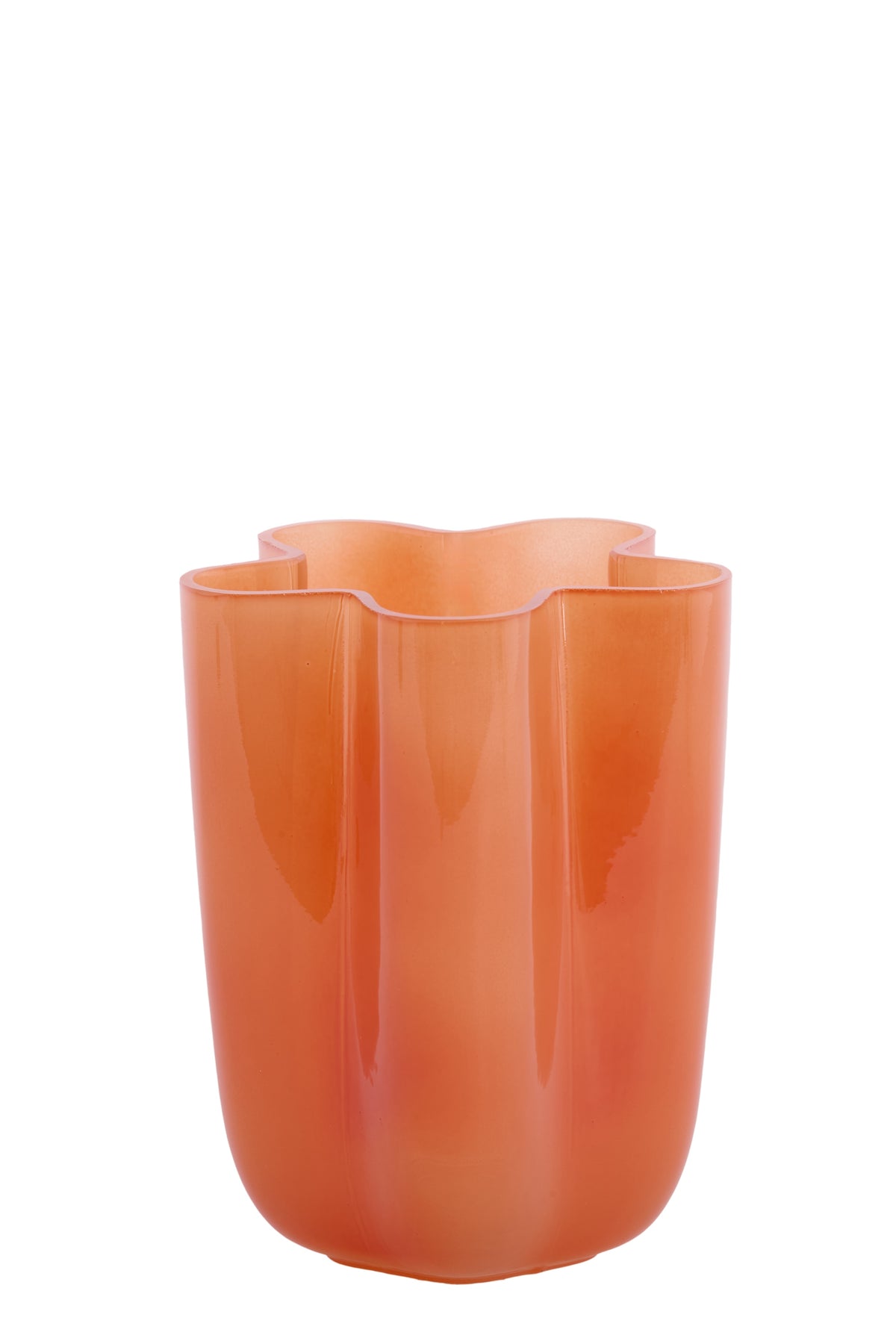 short babijn orange glass vase with wavy retro-edge design

