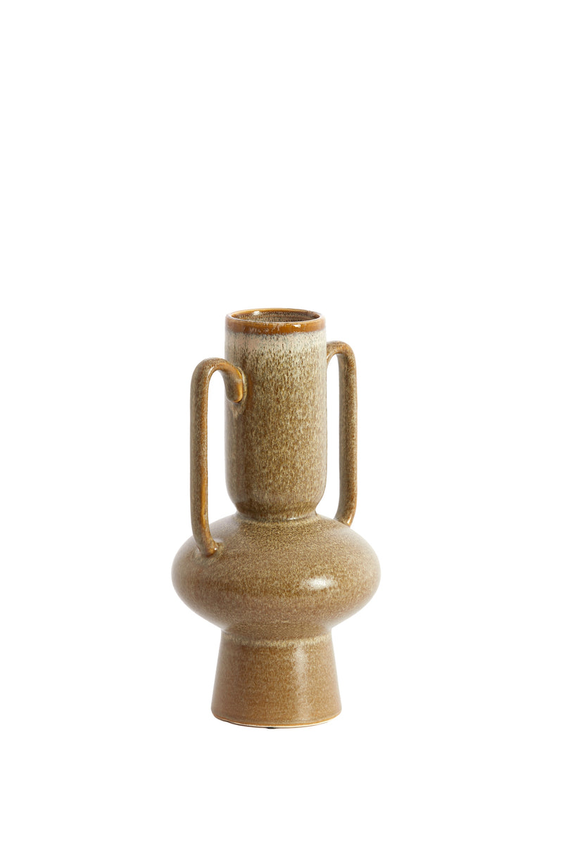 close-up of the rim and handles of the olive green Otaru ceramic vase with a speckled glaze