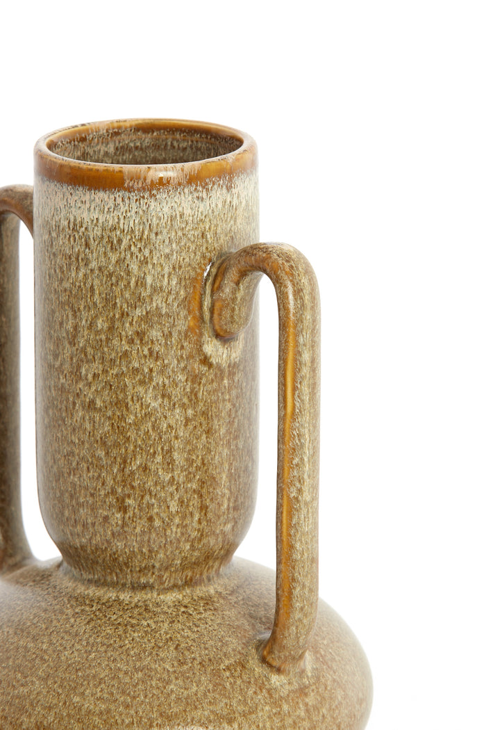 textured glaze and handle detail of the olive green Otaru fine ceramic vase