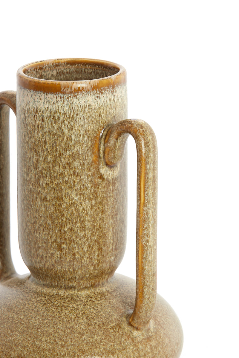 textured glaze and handle detail of the olive green Otaru fine ceramic vase