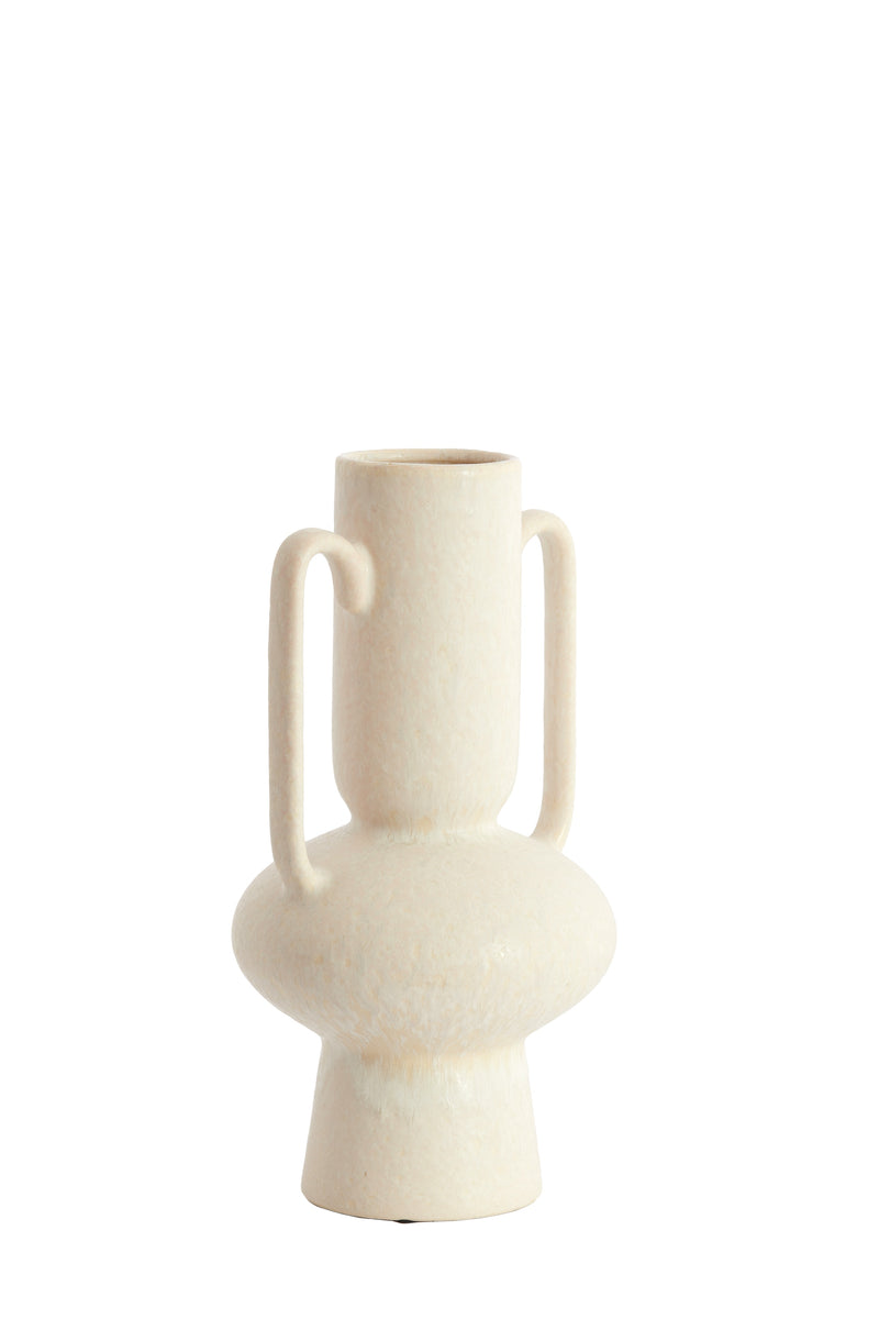 cream sculptural ceramic vase with tall neck and twin handles by Light & Living

