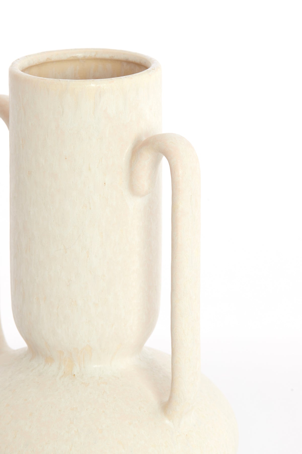 close-up of cream OTARU vase showing textured ceramic glaze and curved handles
