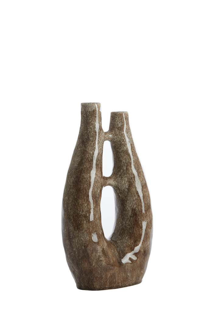 shiny brown Light & Living Katha ceramic vase with sculptural cut-out shape – close-up