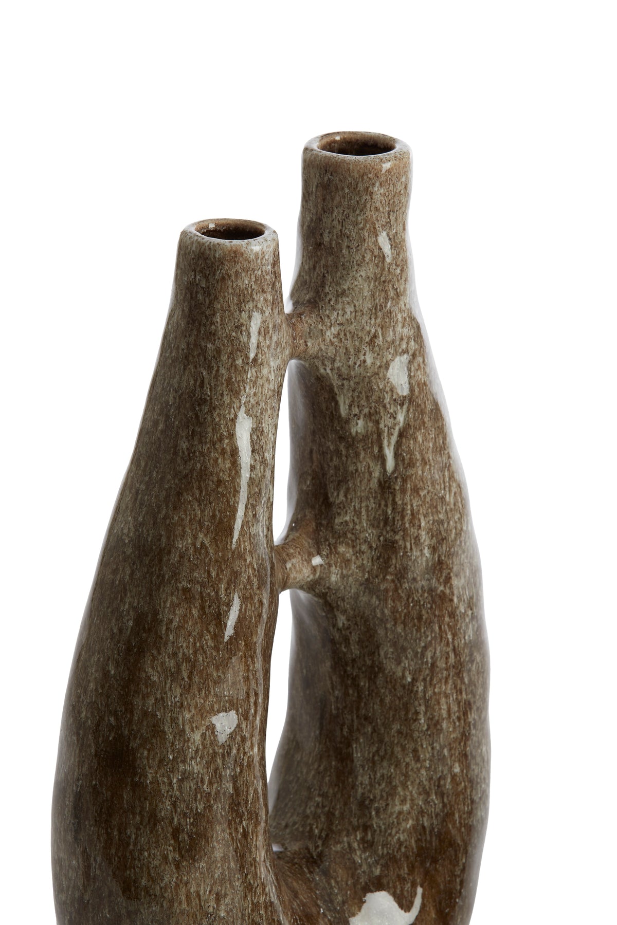 close-up of glossy brown ceramic Katha vase showing dual neck openings