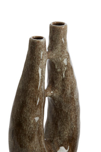 close-up of glossy brown ceramic Katha vase showing dual neck openings