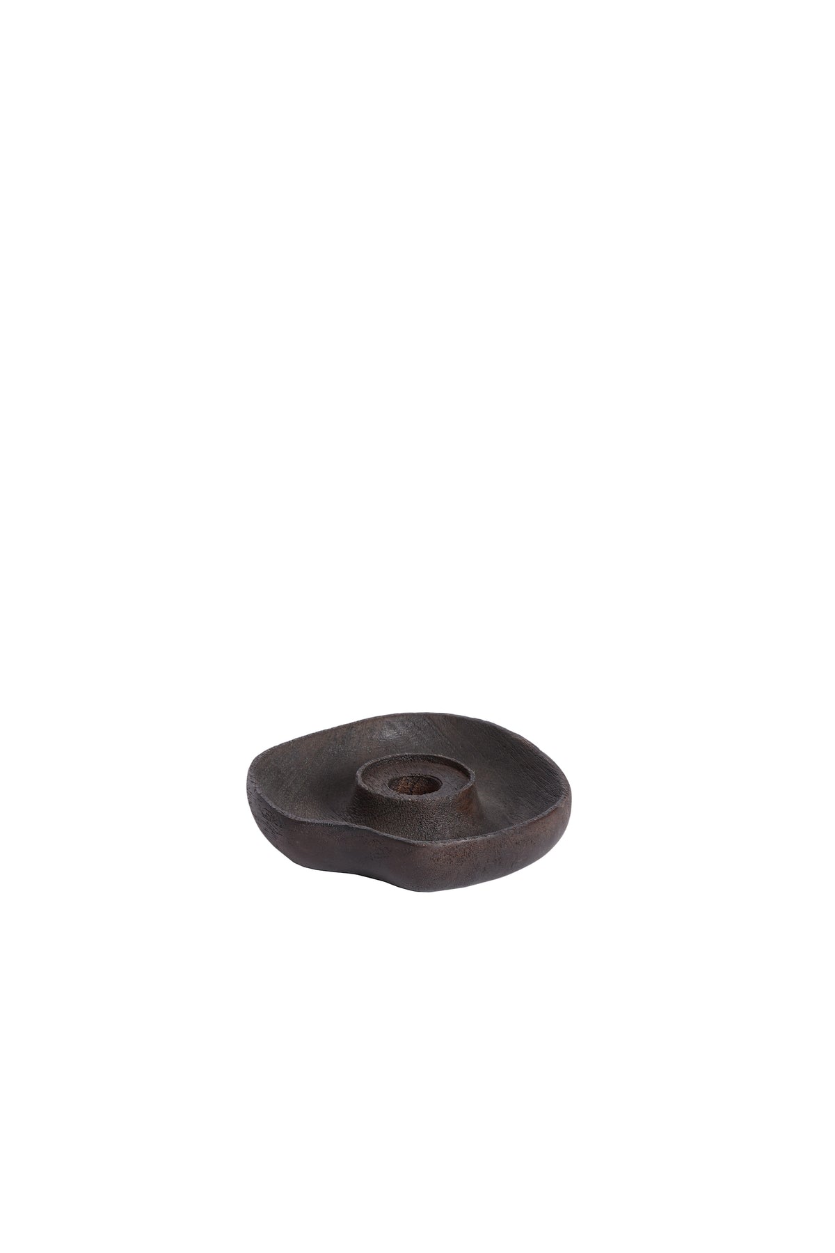 matte dark brown wood candle holder with sculpted organic form
