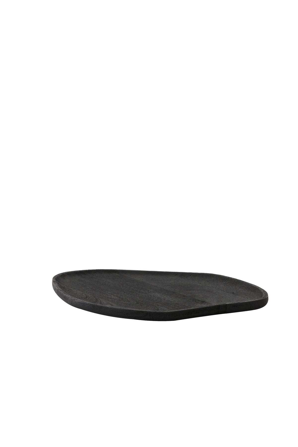 angled view of black acacia wooden dish with organic silhouette

