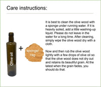 Care instructions for olive wood with an image of a bottle of olive oil and a sponge/rag.