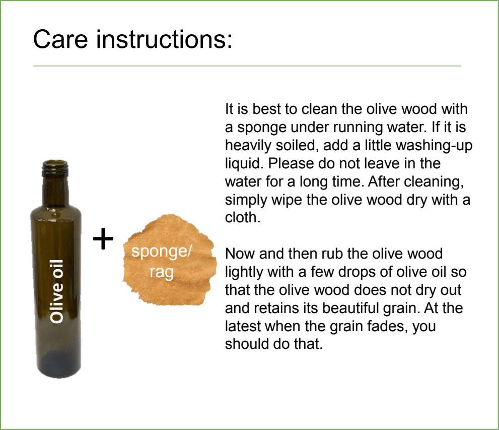 Care instructions for olive wood with an image of a bottle of olive oil and a sponge/rag.