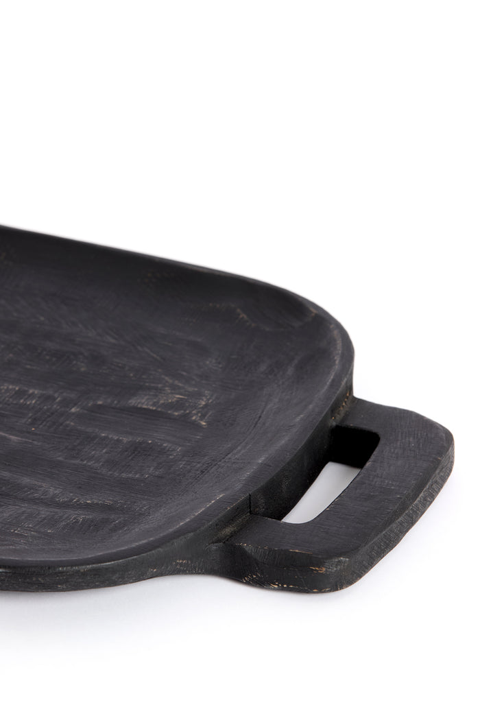 close-up of black mango wood tray handle showing matte finish and wood grain
