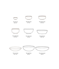 Size comparison diagram of HKLIVING's 70s ceramics bowl range showing relative diameters