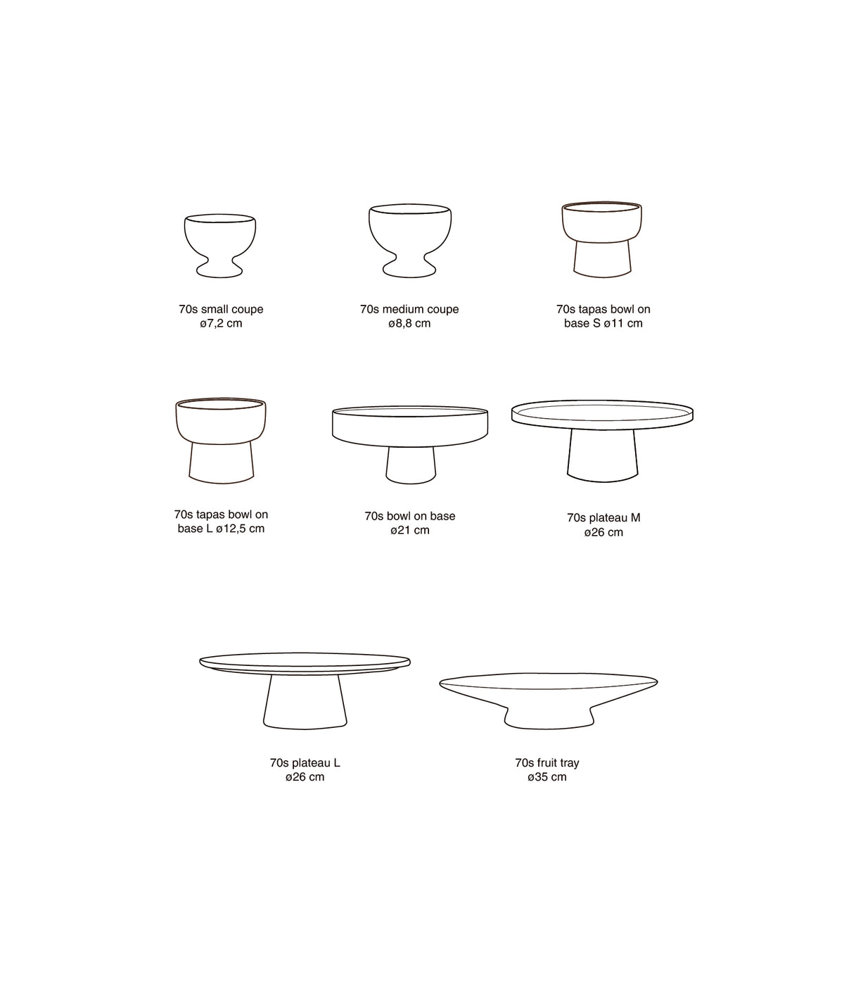 Size comparison diagram of HKLIVING's 70s ceramics footed bowl range showing relative diameters