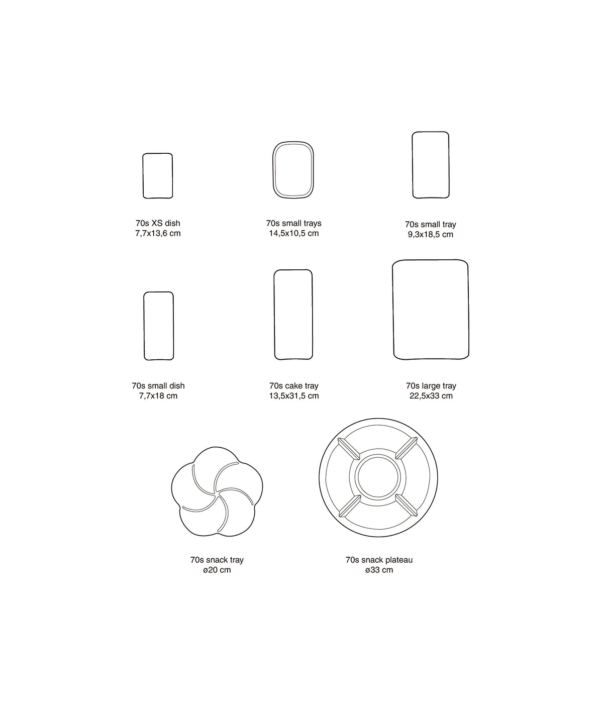 70s Ceramics trays size comparison diagram
