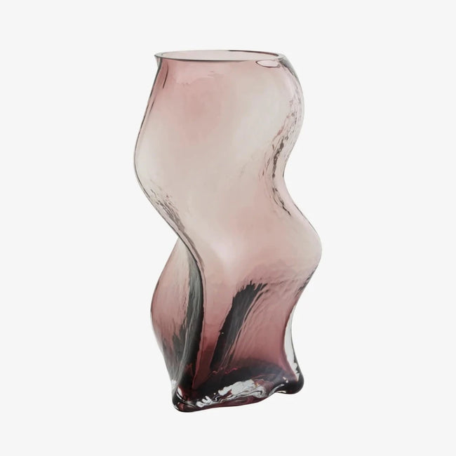 hand hammered handmade wavey angular nordal purple pink vase which is darker in colour at the base rising to a lighter shades up the top