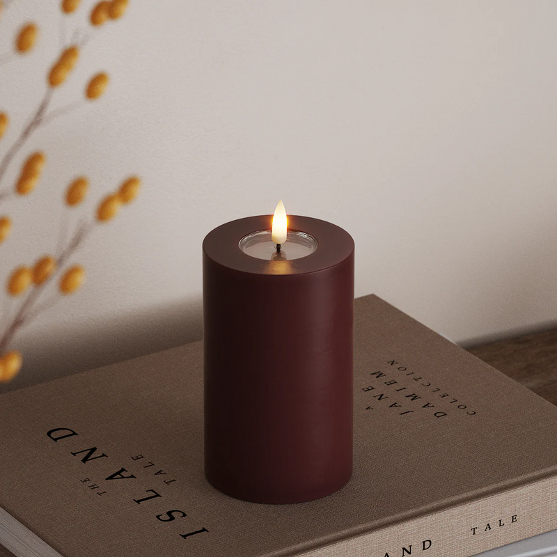 Burgundy LED Pillar Candle with Realistic Flame — Various Sizes, Perfect for Cosy, Warm Interiors