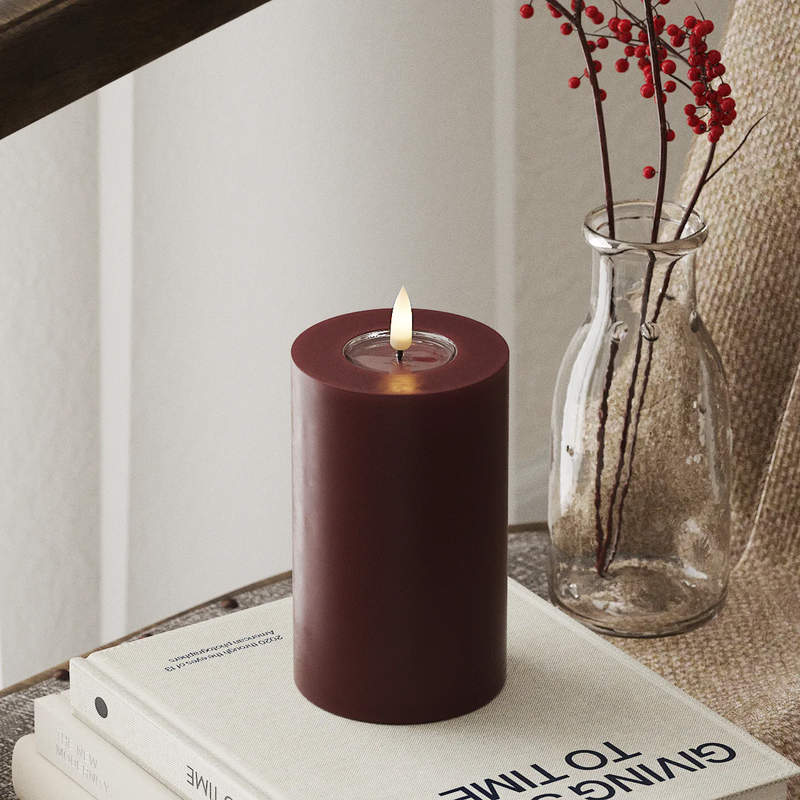 Burgundy LED Pillar Candle with Realistic Flame — Various Sizes, Perfect for Cosy, Warm Interiors