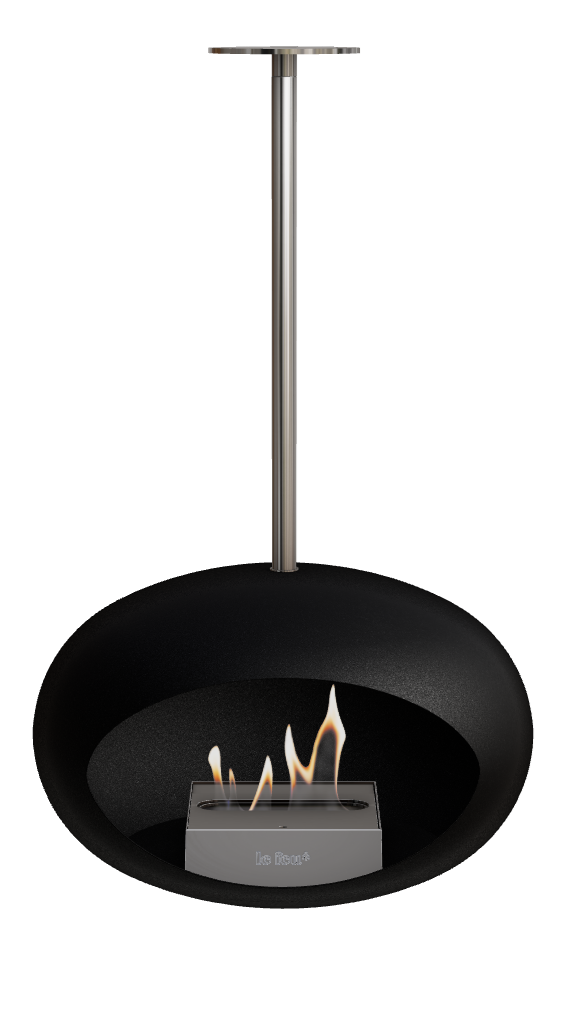 Black ethanol fireplace with flames on a white background