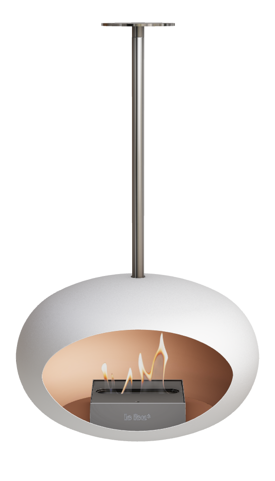Modern hanging fireplace with white exterior and visible flames on a white background
