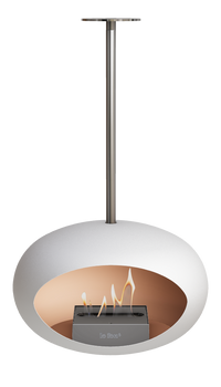 Modern hanging fireplace with white exterior and visible flames on a white background
