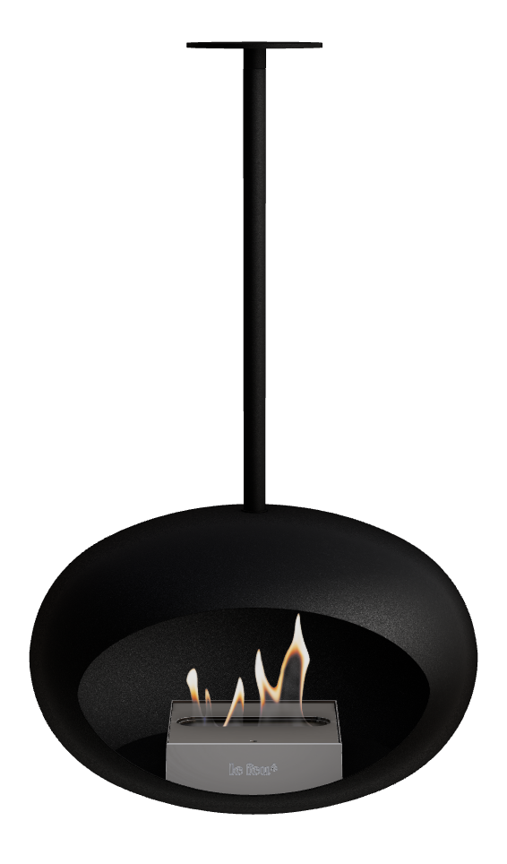 Black pendant fireplace with flames on a white background