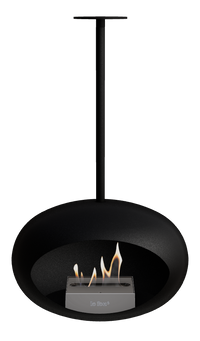 Black pendant fireplace with flames on a white background