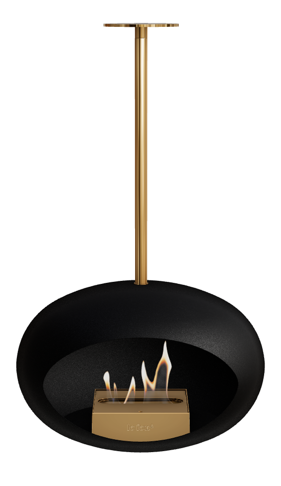 Modern black and gold pendant light on a white background