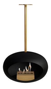 Modern black and gold pendant light on a white background