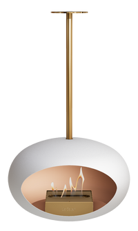 Modern hanging fireplace with white base and gold accents on a white background