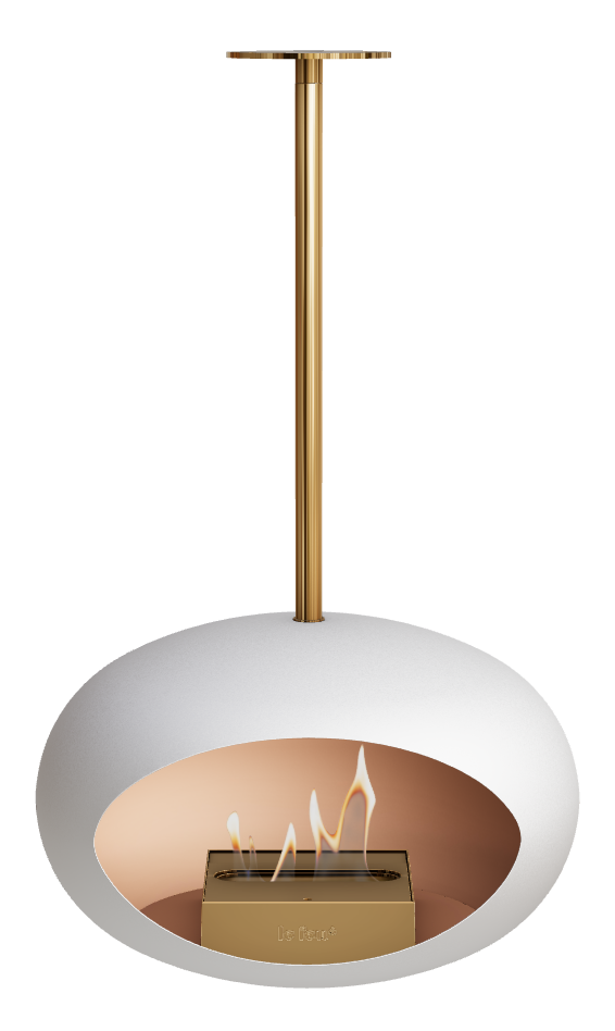 Modern hanging fireplace with white base and gold accents on a white background