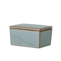 Pixie butter box green reactive glaze stoneware with lid, brown rim
