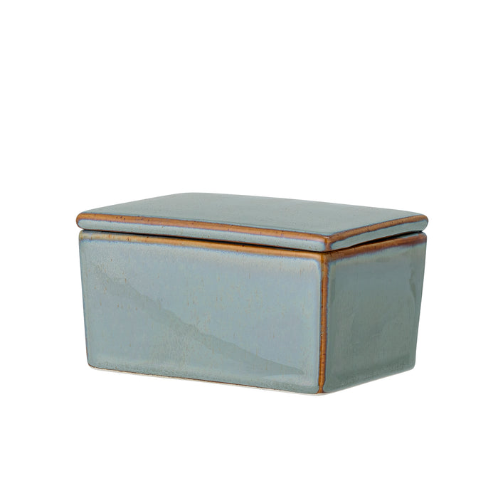 Pixie butter box green reactive glaze stoneware with lid, brown rim
