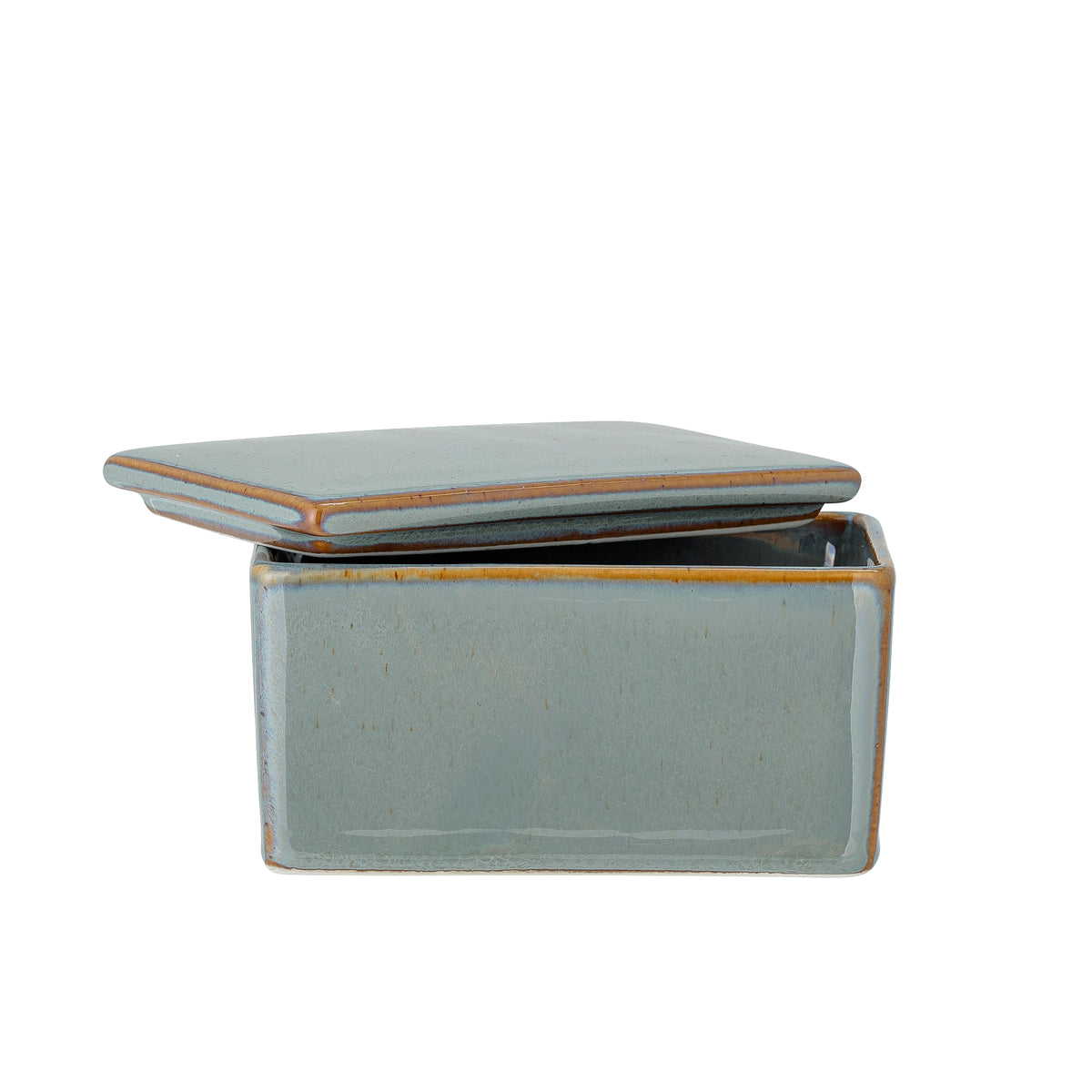 Pixie butter box in green reactive glaze stoneware, lid open, brown rim
