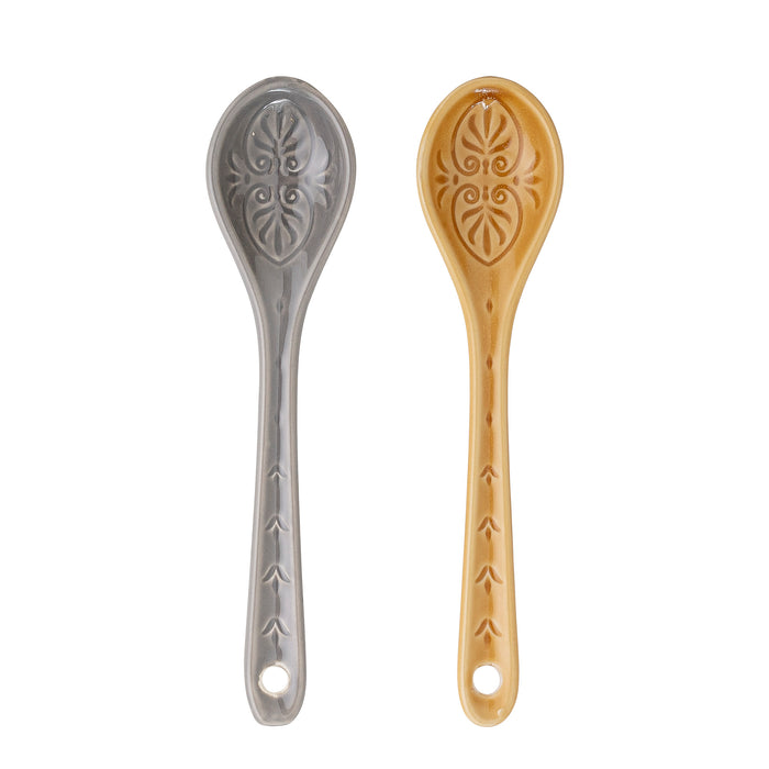 Rani spoon set of two, yellow and grey crackle glaze stoneware with embossed pattern
