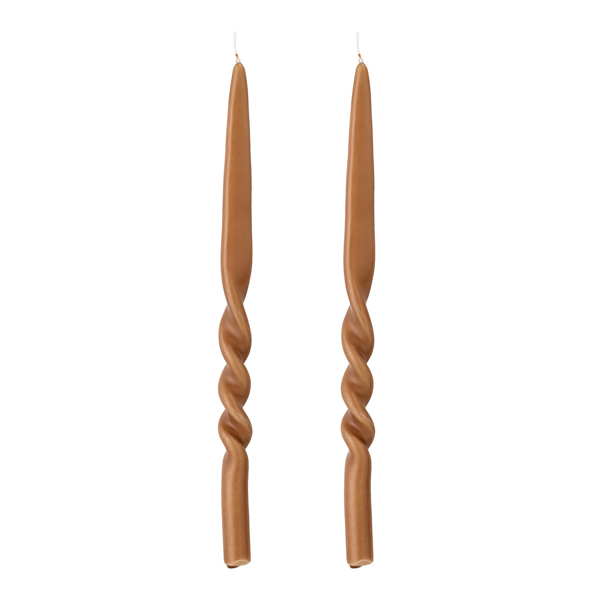 pair of brown hand-twisted taper candles by bloomingville on white background
