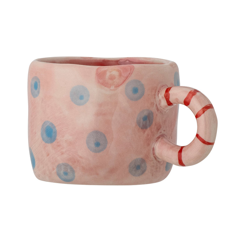 hand-painted rose nini cup with whimsical blue dots and striped handle